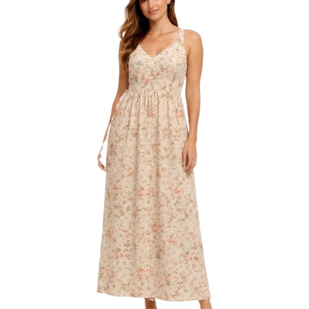 Frye Women's Floral Maxi Dress Sleeveless V-neck Empire Waist Ivory Boho Size XL